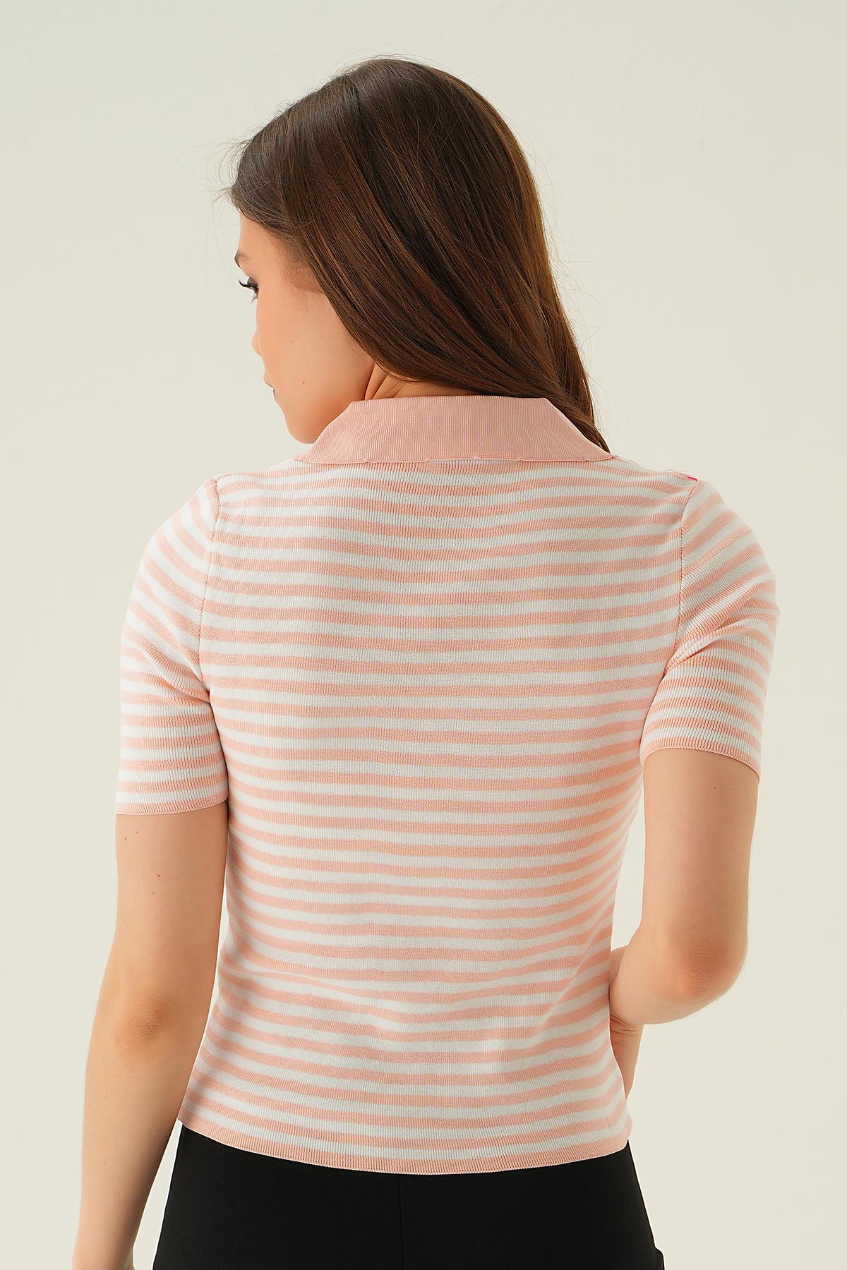 1456 V Yaka Çizgili Tişört Pudra - 5