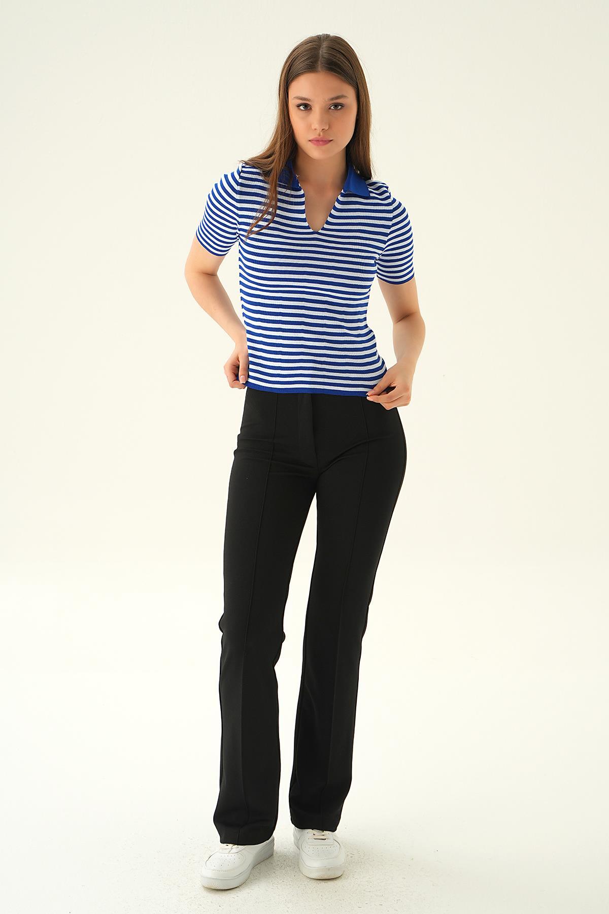 1456 V Yaka Çizgili Tişört Saks - 2