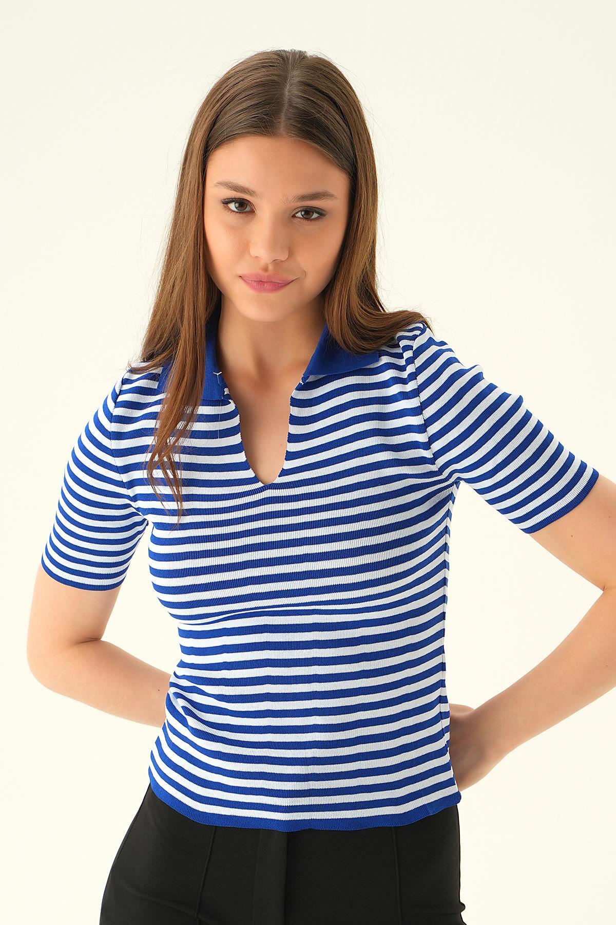 Saks V Yaka Çizgili Tişört 1456 - 3