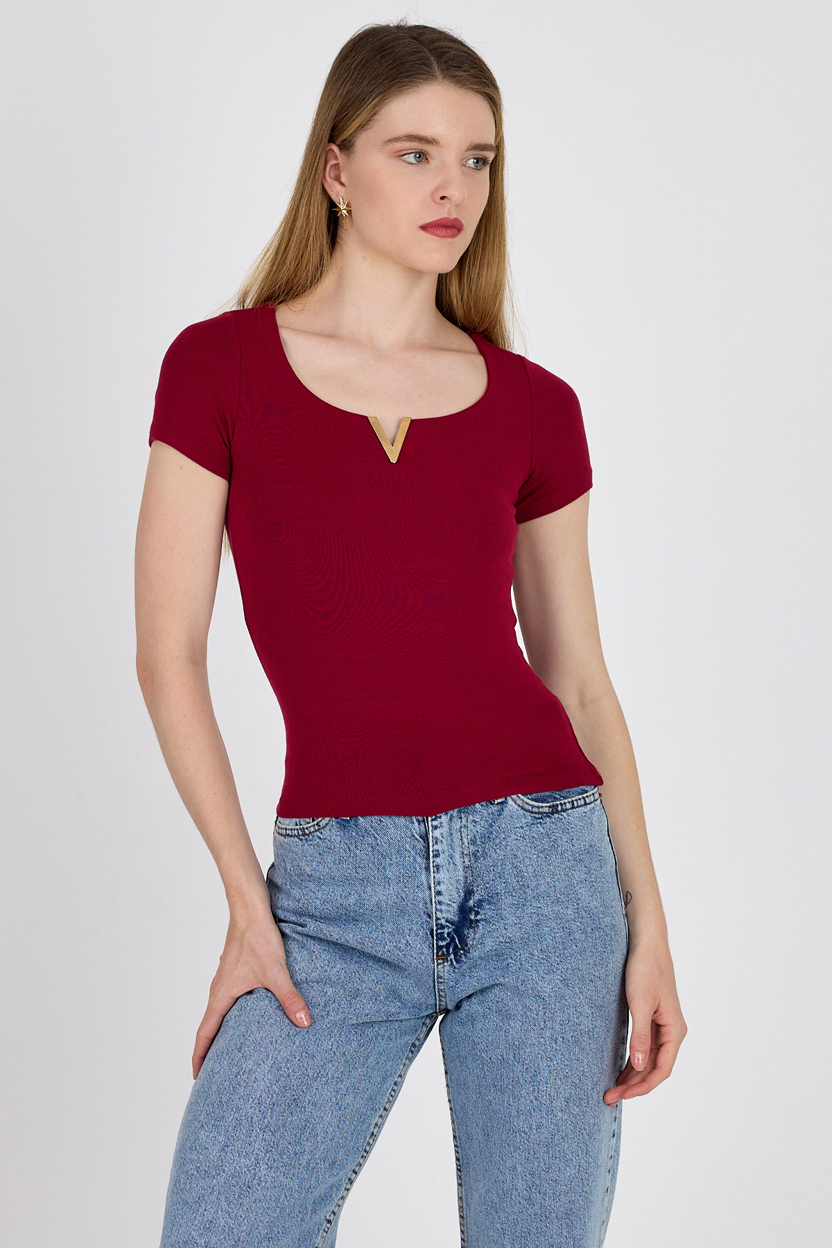 Bordo Gold Aksesuar Detaylı Viskoz/Yumuşak Kumaş Tişört 1460 - 2