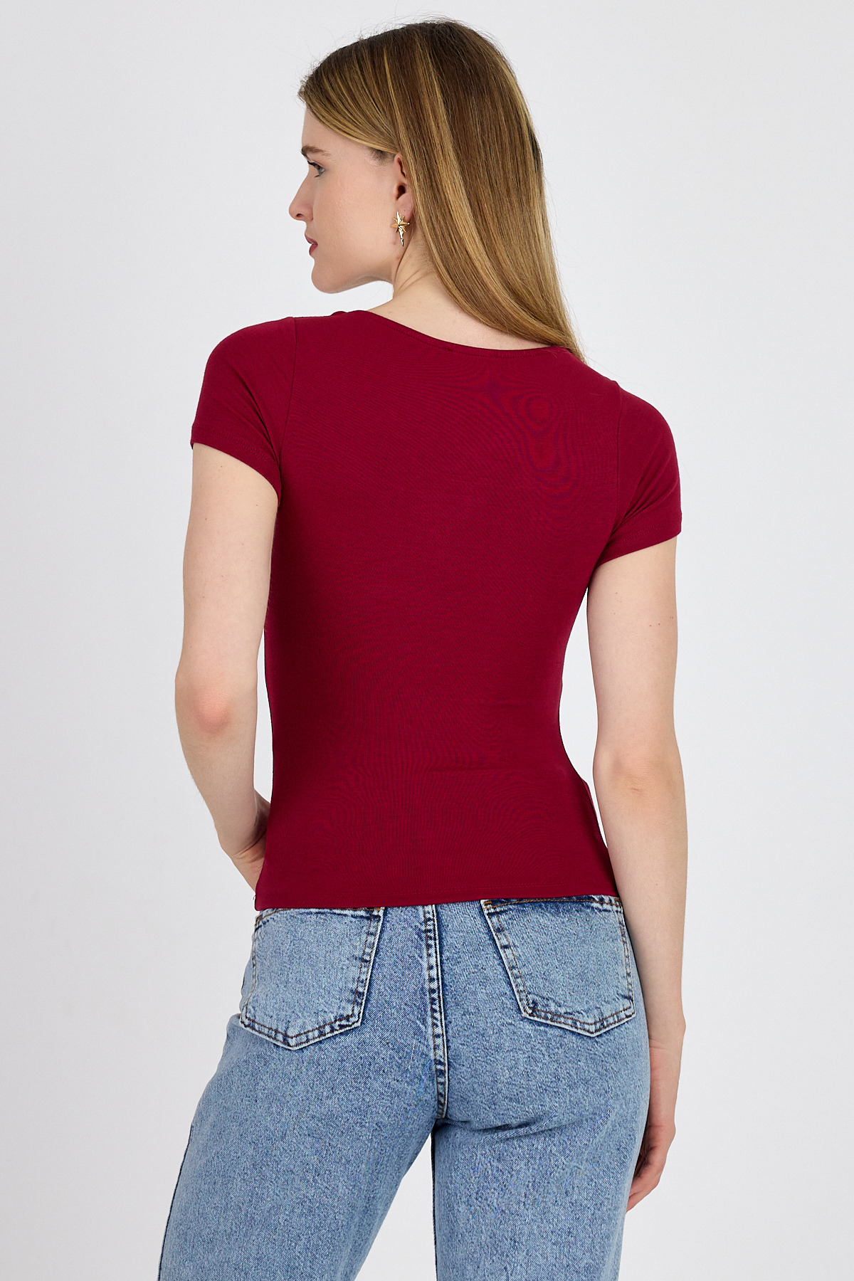 Bordo Gold Aksesuar Detaylı Viskoz/Yumuşak Kumaş Tişört 1460 - 5