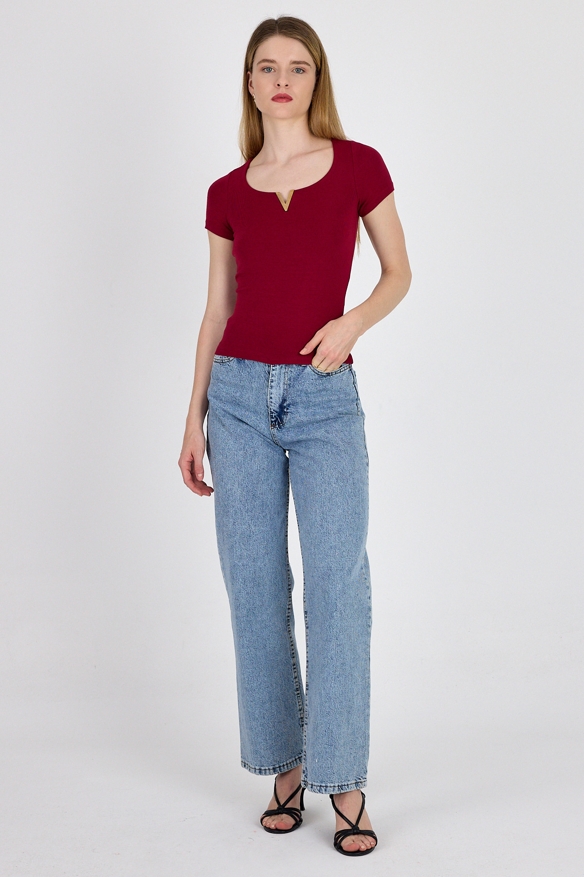 Bordo Gold Aksesuar Detaylı Viskoz/Yumuşak Kumaş Tişört 1460 - 8