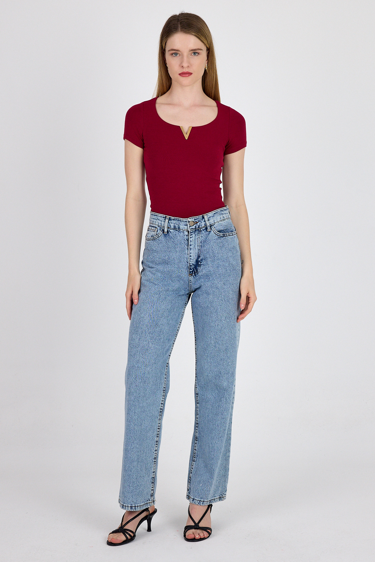 Bordo Gold Aksesuar Detaylı Viskoz/Yumuşak Kumaş Tişört 1460 - 3