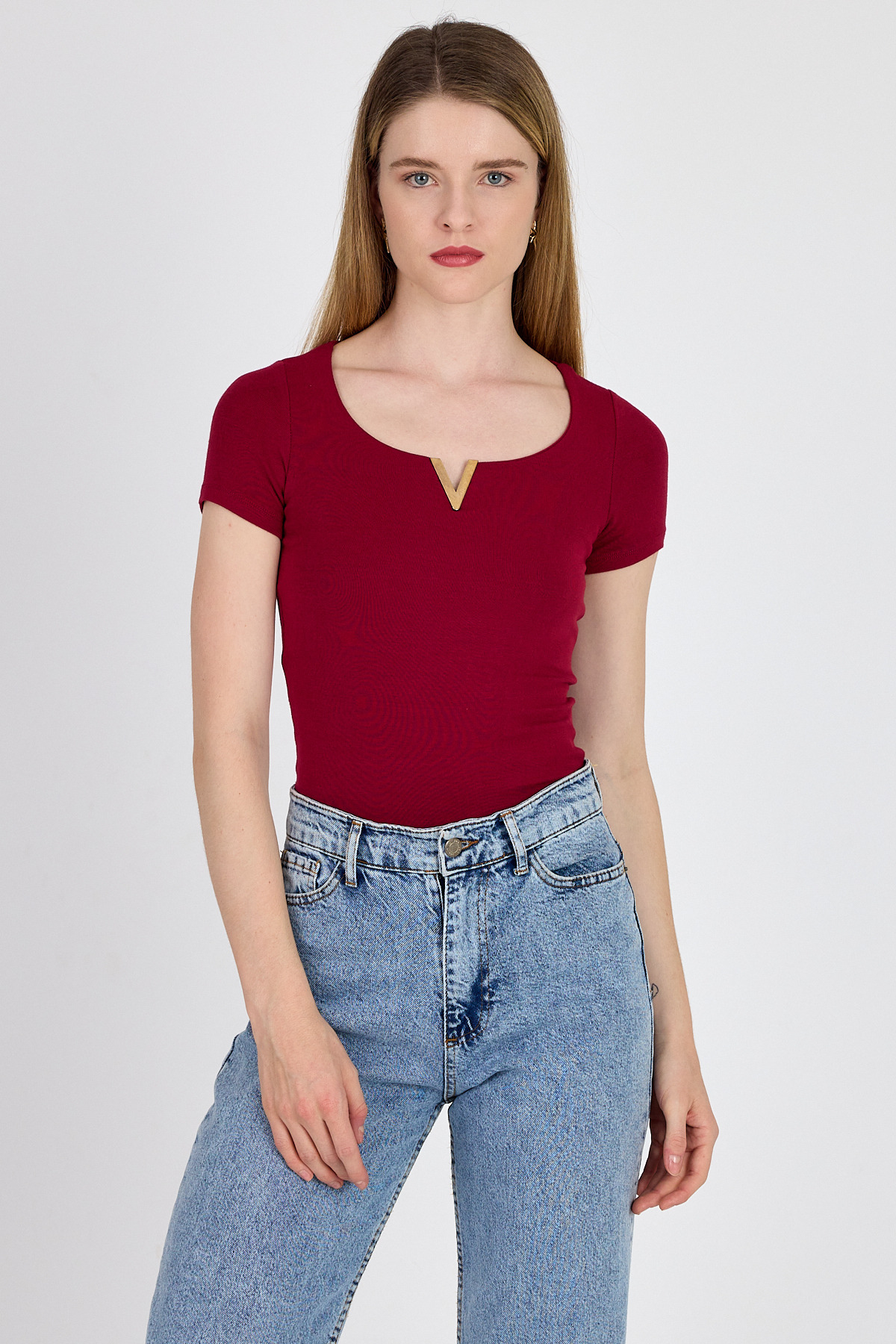 Bordo Gold Aksesuar Detaylı Viskoz/Yumuşak Kumaş Tişört 1460 - 7