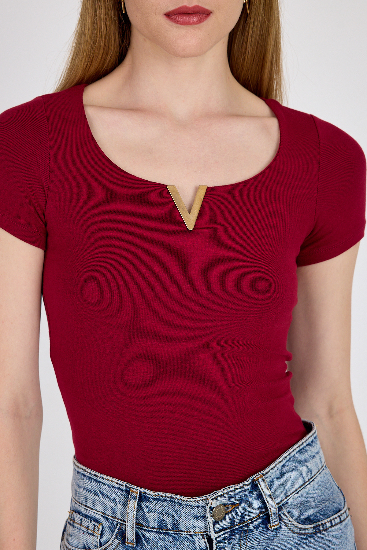 Bordo Gold Aksesuar Detaylı Viskoz/Yumuşak Kumaş Tişört 1460 - 4