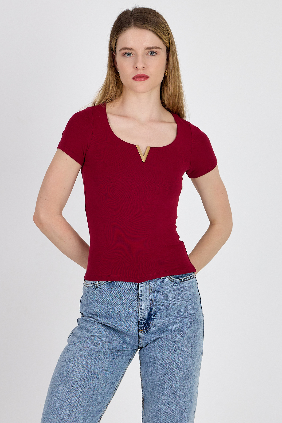 Bordo Gold Aksesuar Detaylı Viskoz/Yumuşak Kumaş Tişört 1460 - 6