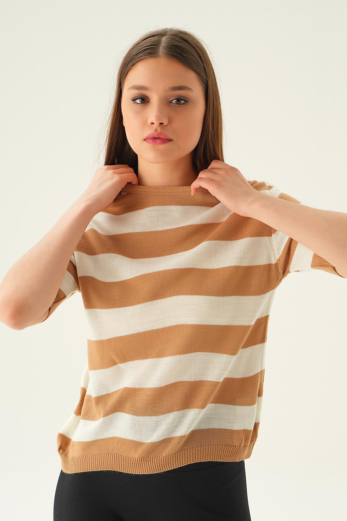 Camel Kalın Çizgili Tişört 1461 - 2