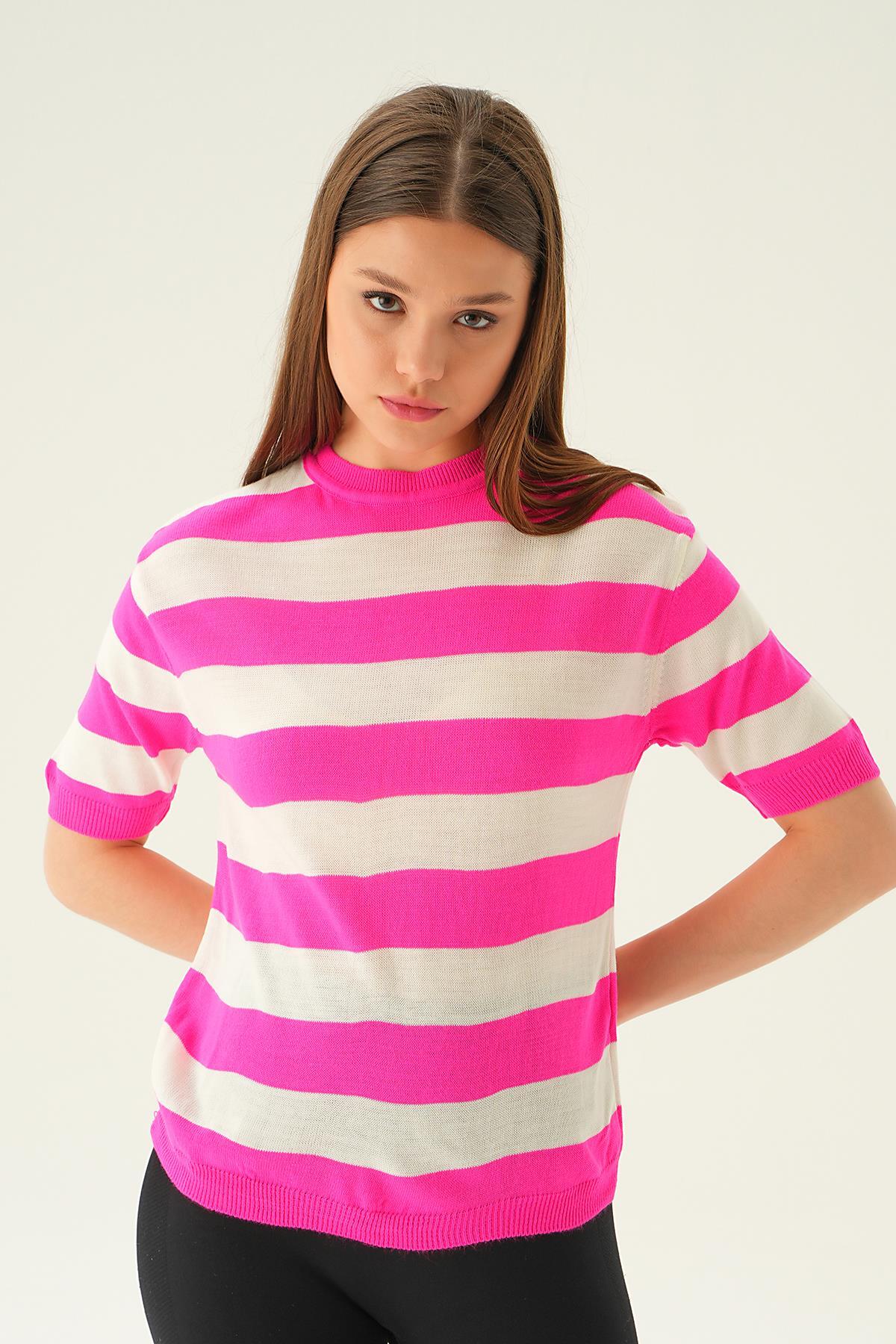 1461 Çizgili Tişört Fuşya 