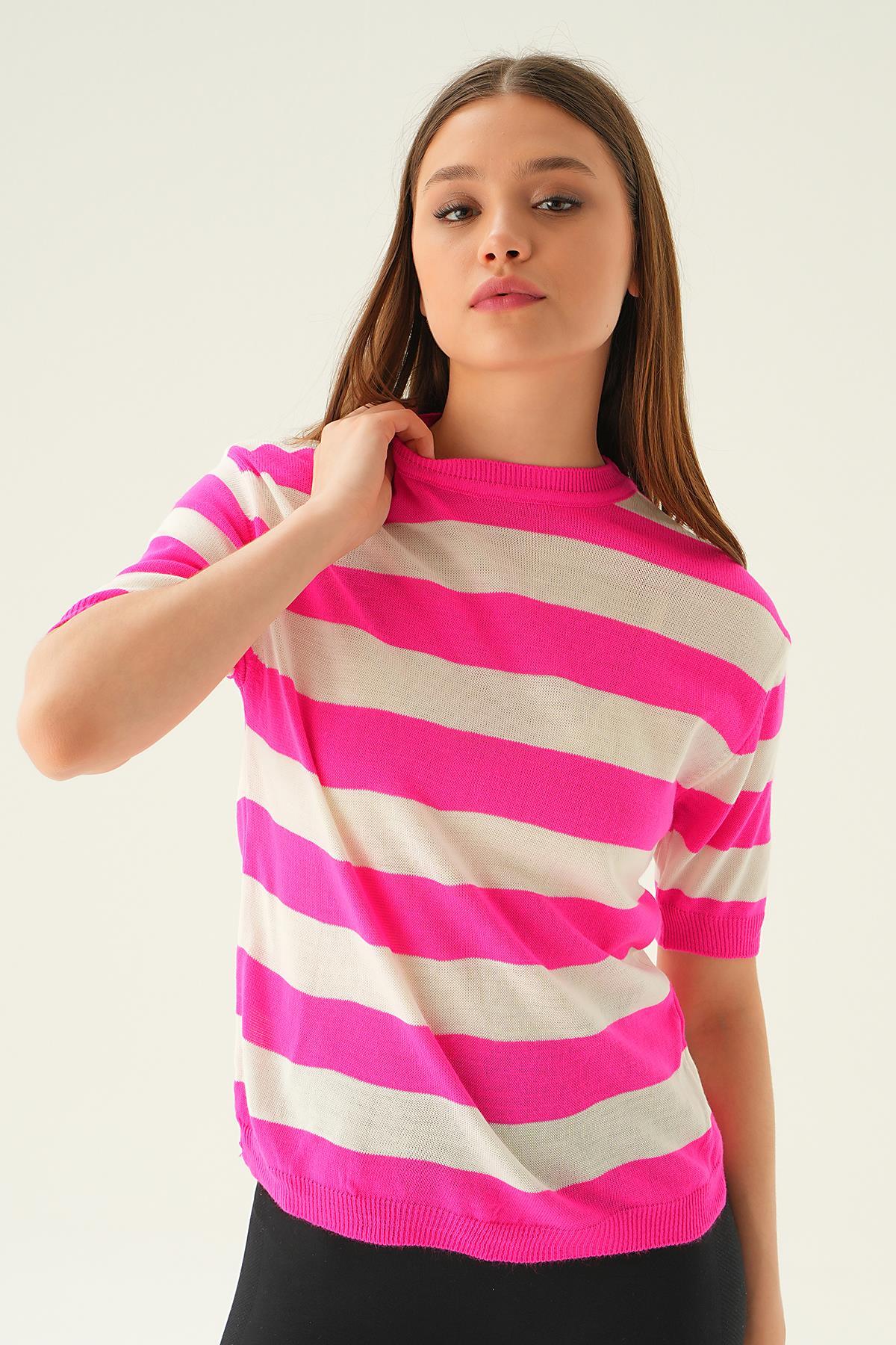 Fuşya Kalın Çizgili Tişört 1461 - 2