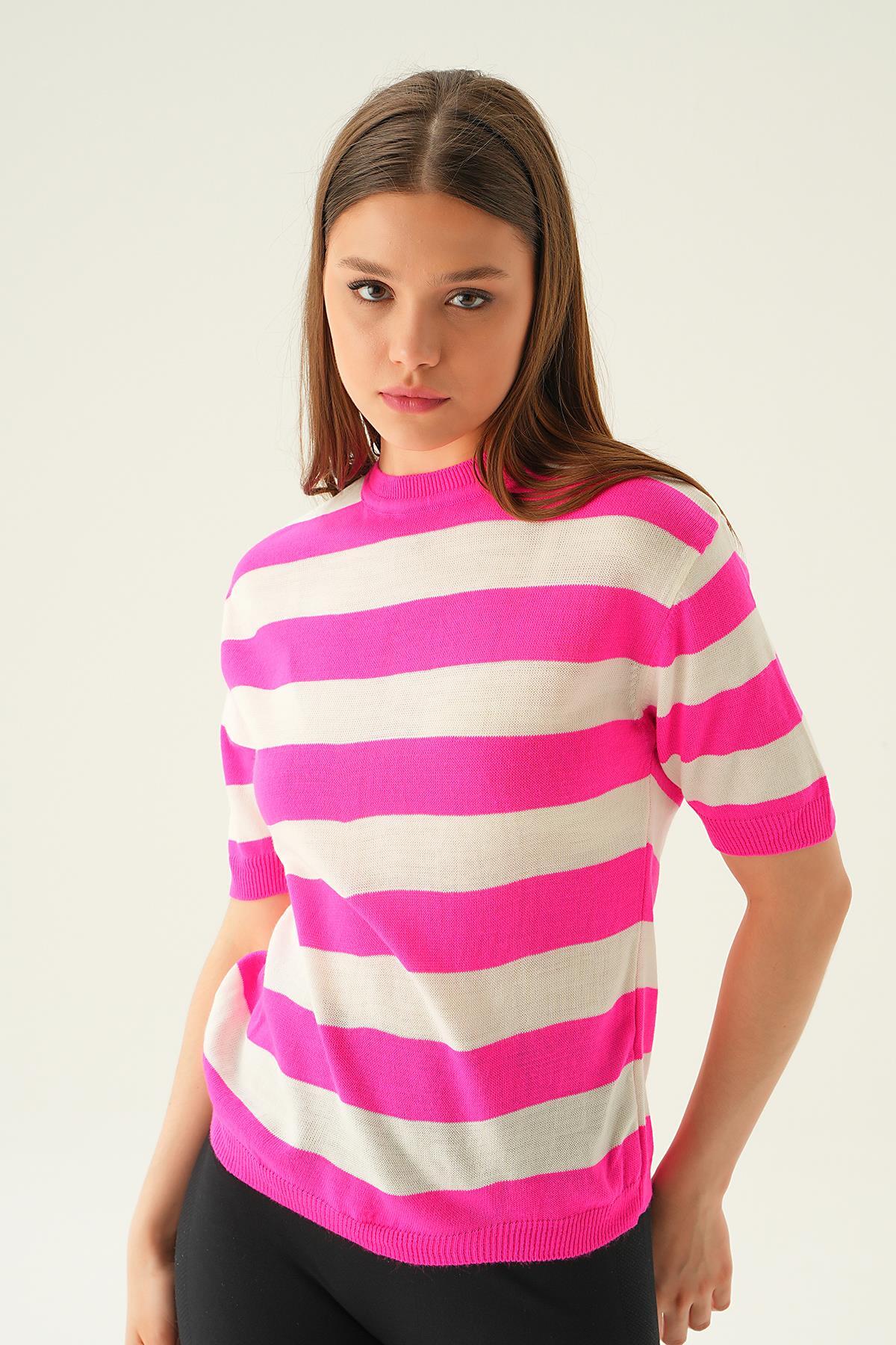 Fuşya Kalın Çizgili Tişört 1461 - 3