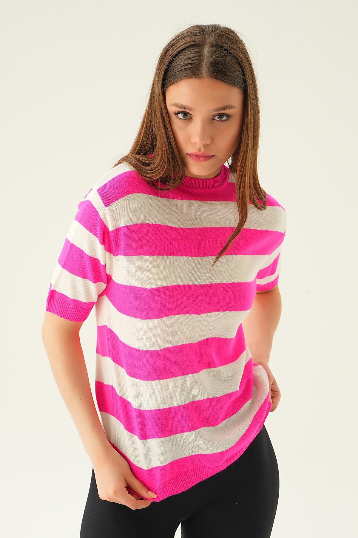 Fuşya Kalın Çizgili Tişört 1461 - 4