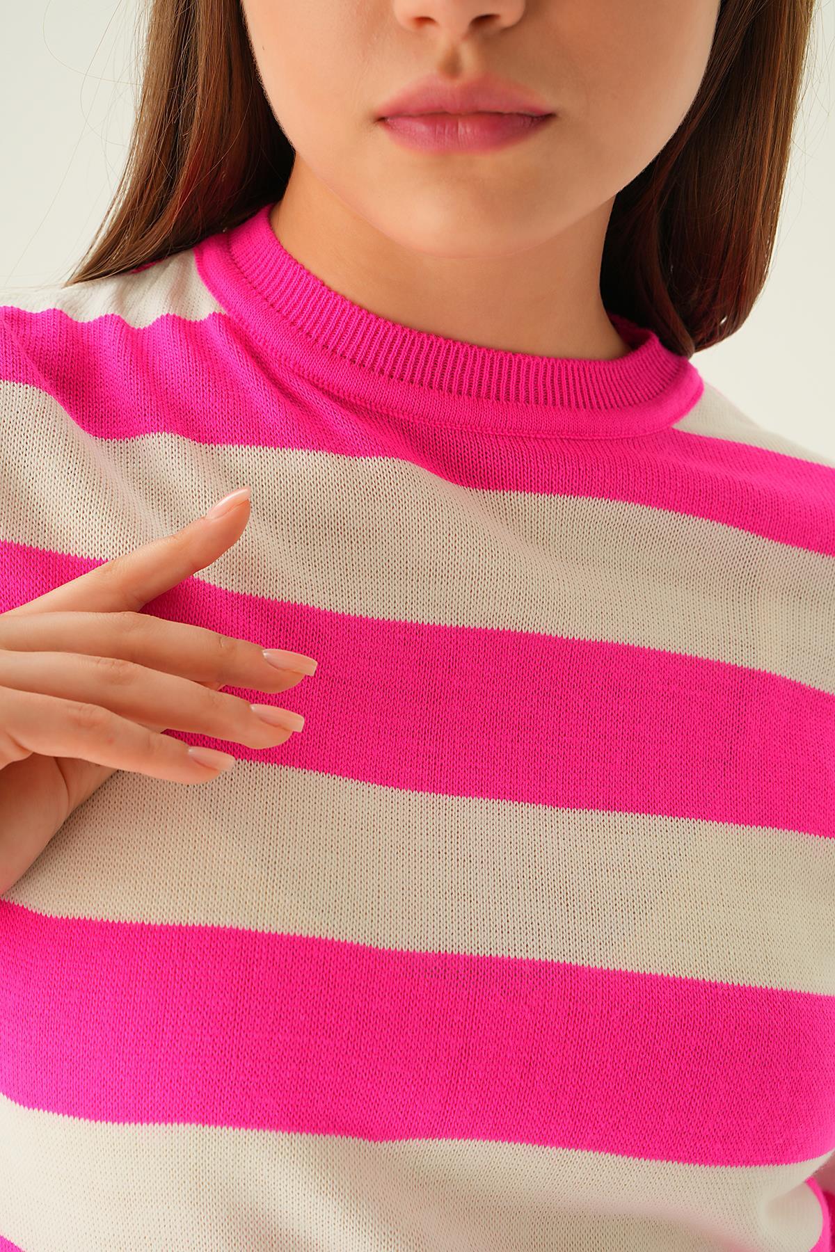 Fuşya Kalın Çizgili Tişört 1461 - 6