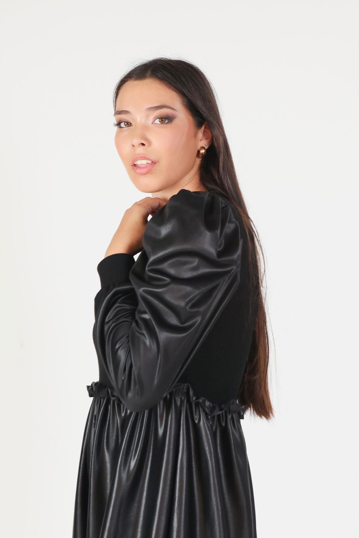 1464 Balon Kol Deri Görünümlü Elbise Siyah - 1
