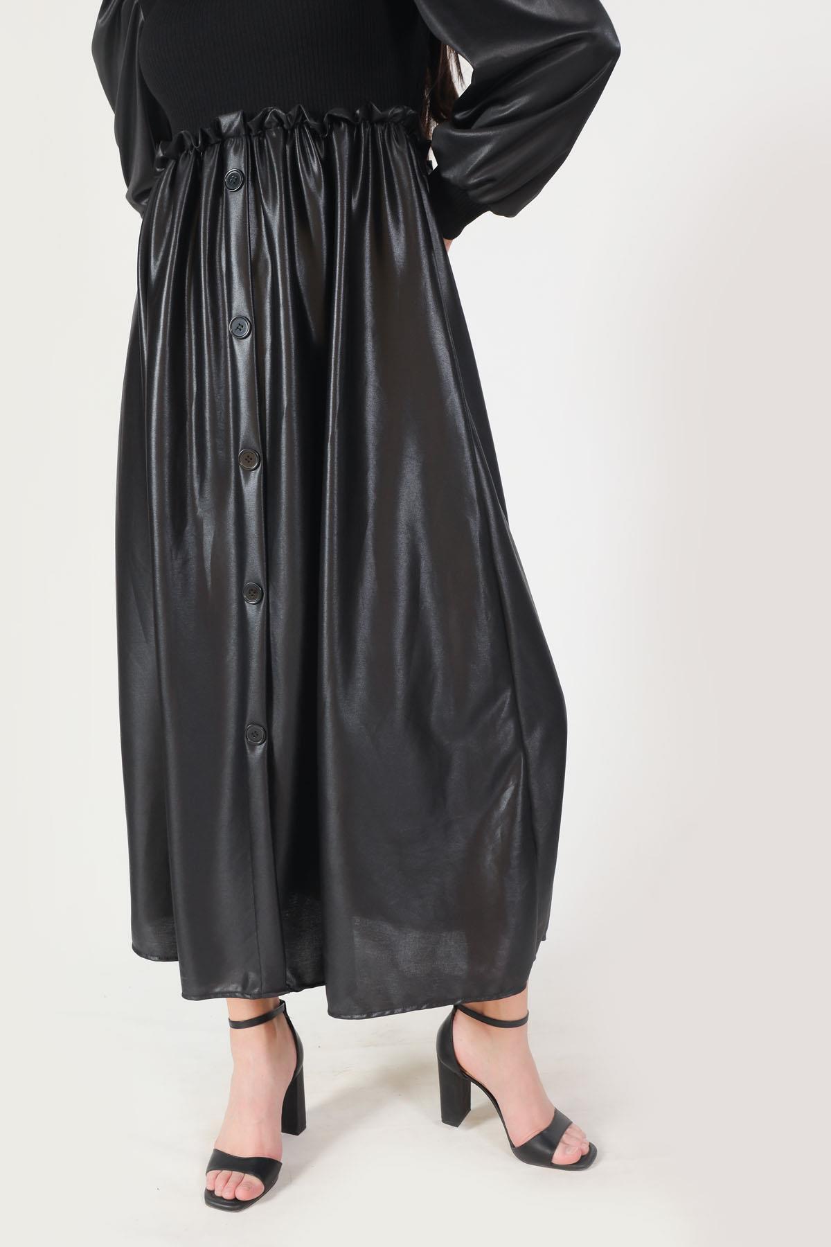 1464 Balon Kol Deri Görünümlü Elbise Siyah - 5