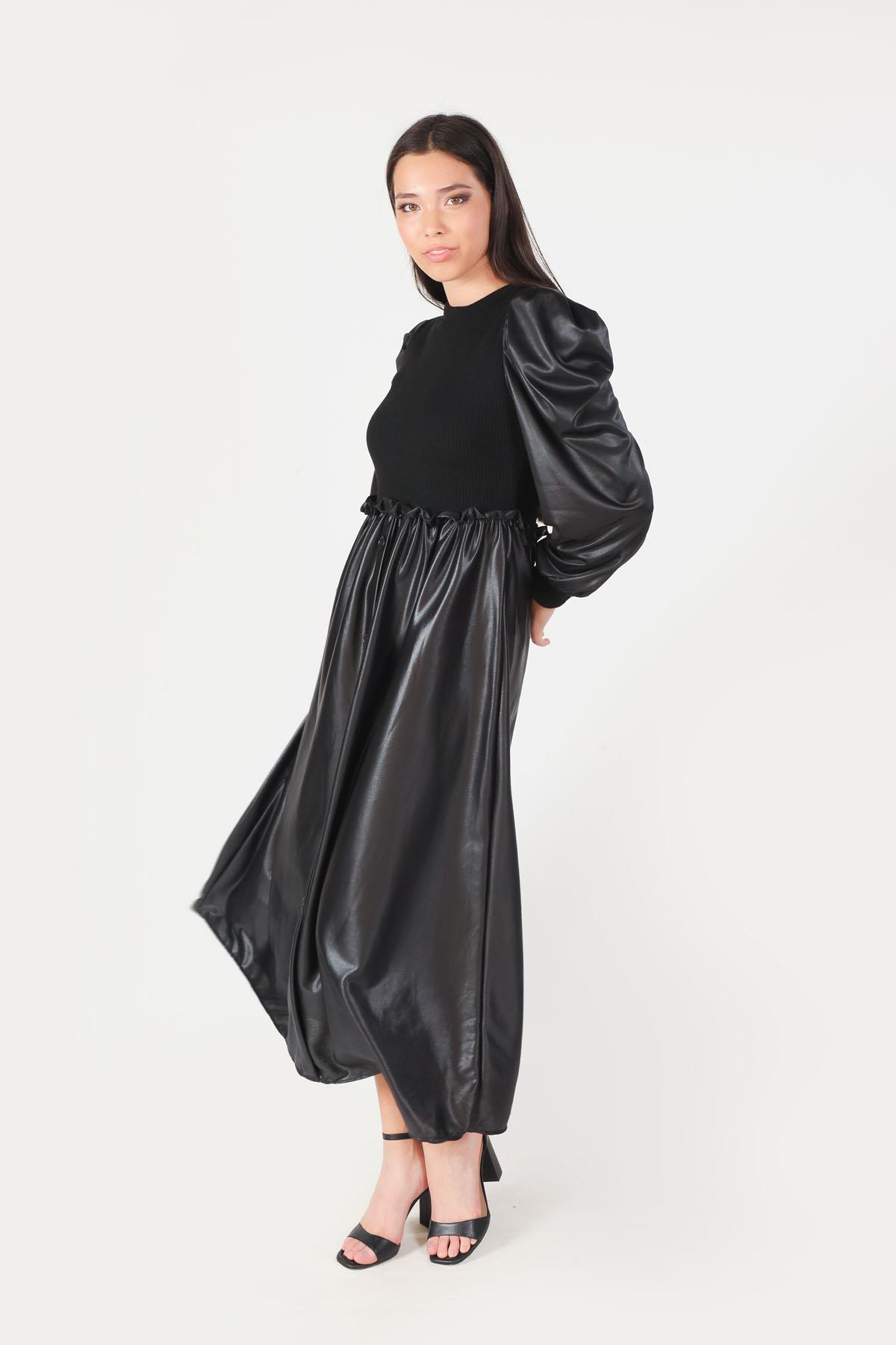 Siyah Balon Kol Deri Görünümlü Elbise 1464 - 2