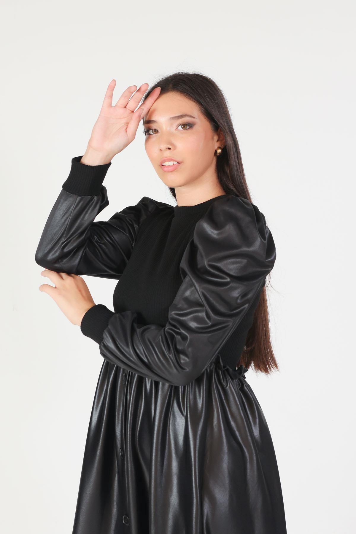 Siyah Balon Kol Deri Görünümlü Elbise 1464 - 3