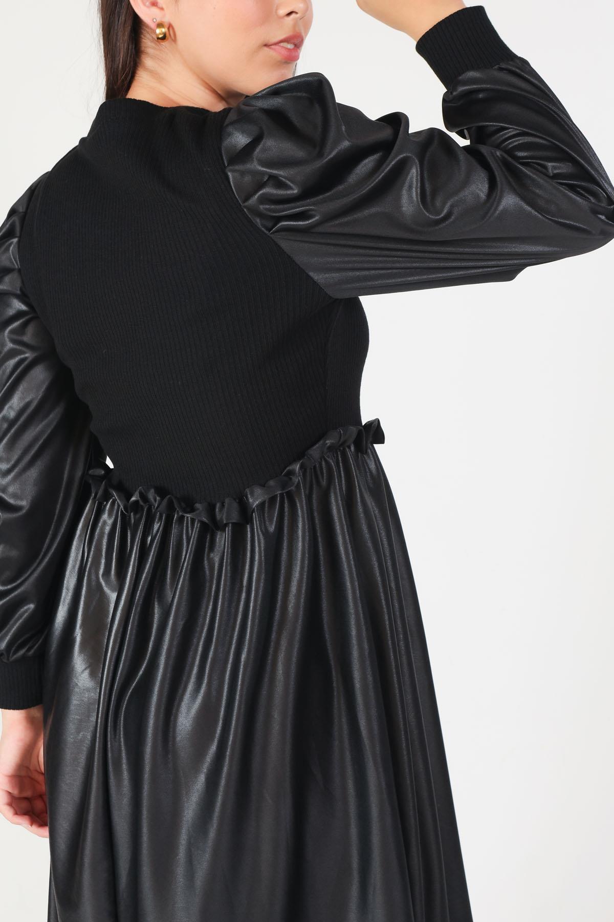 Siyah Balon Kol Deri Görünümlü Elbise 1464 - 4