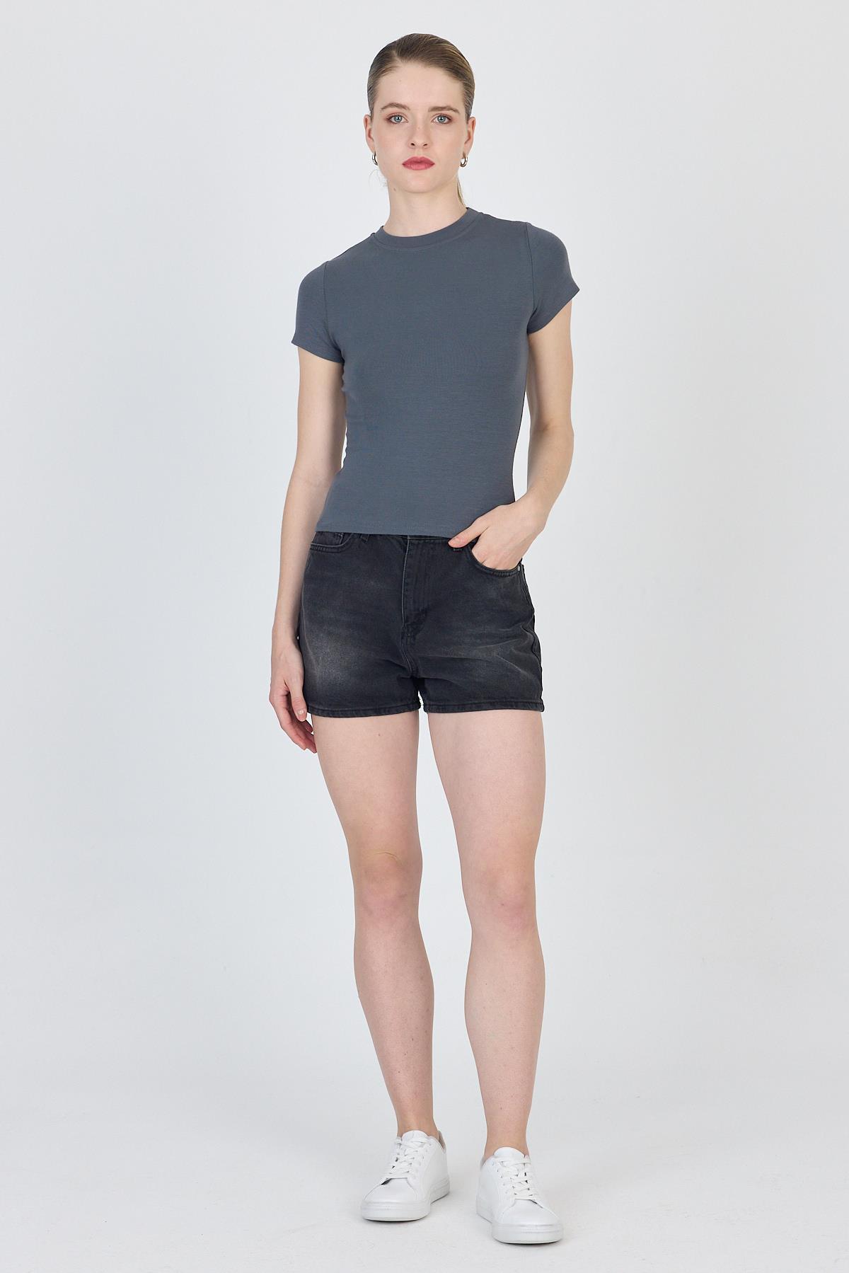 Antrasit Bisiklet Yaka Viskoz/Yumuşak Kumaş Slim Fit Tişört 1468 - 2