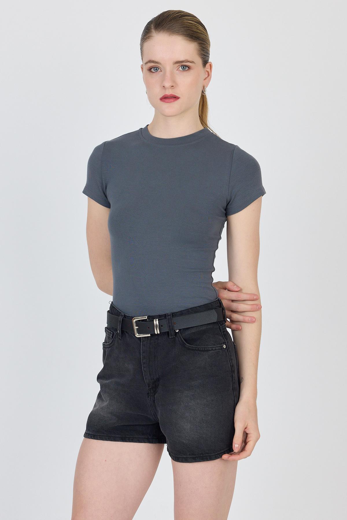 Antrasit Bisiklet Yaka Viskoz/Yumuşak Kumaş Slim Fit Tişört 1468 - 3