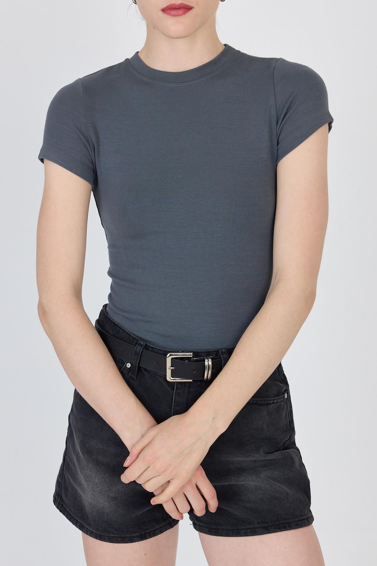 Antrasit Bisiklet Yaka Viskoz/Yumuşak Kumaş Slim Fit Tişört 1468 - 4