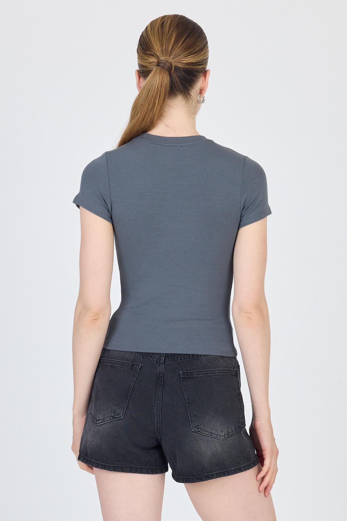 Antrasit Bisiklet Yaka Viskoz/Yumuşak Kumaş Slim Fit Tişört 1468 - 5