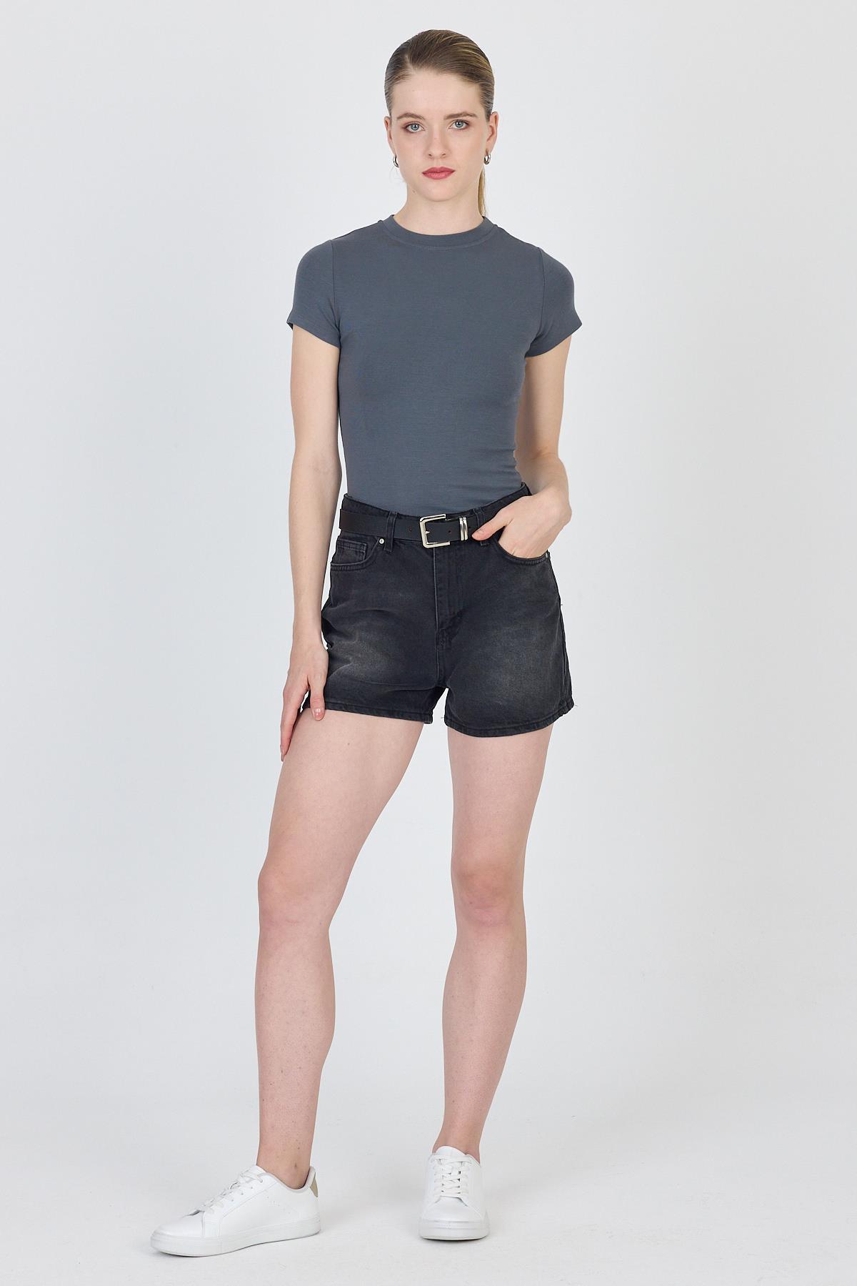 Antrasit Bisiklet Yaka Viskoz/Yumuşak Kumaş Slim Fit Tişört 1468 - 6