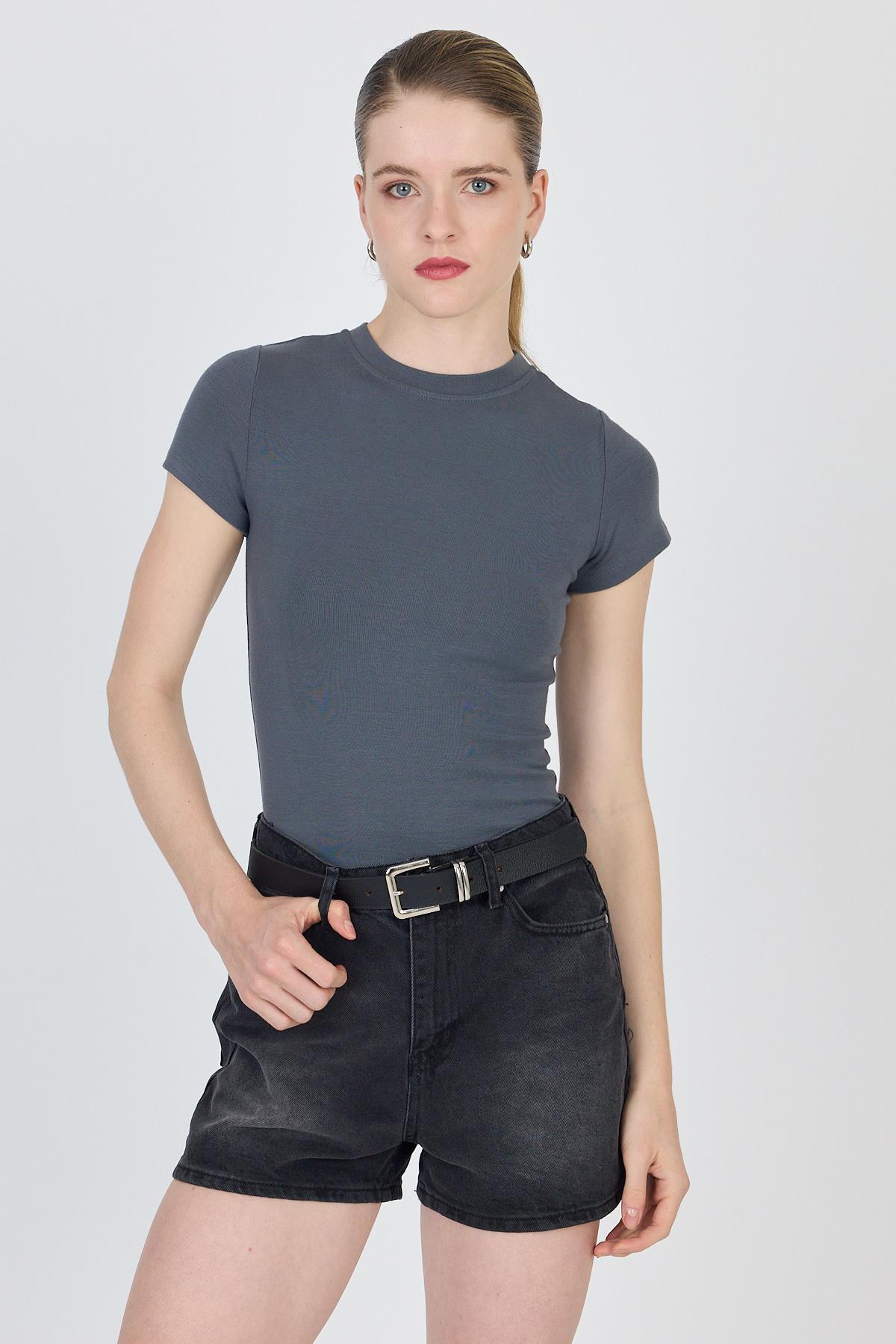 Antrasit Bisiklet Yaka Viskoz/Yumuşak Kumaş Slim Fit Tişört 1468 