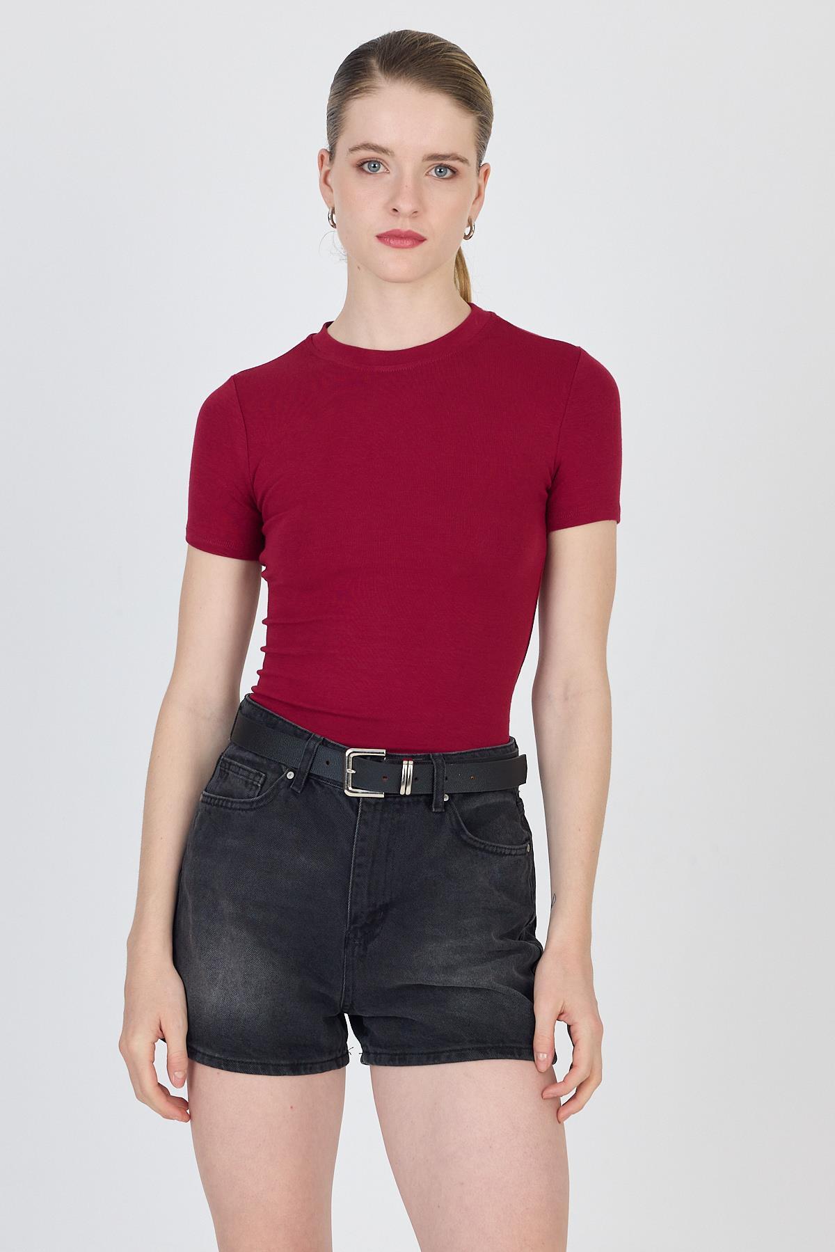 Bordo Bisiklet Yaka Viskoz/Yumuşak Kumaş Slim Fit Tişört 1468 - 3