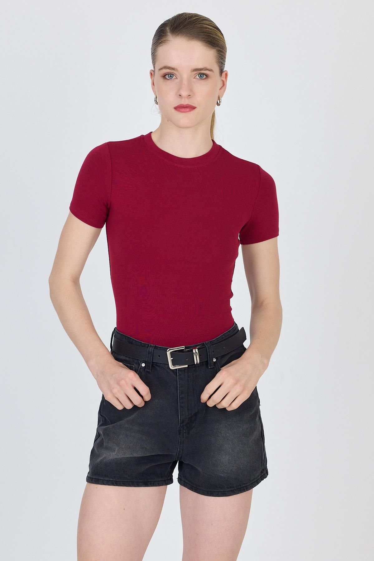 Bordo Bisiklet Yaka Viskoz/Yumuşak Kumaş Slim Fit Tişört 1468 - 1
