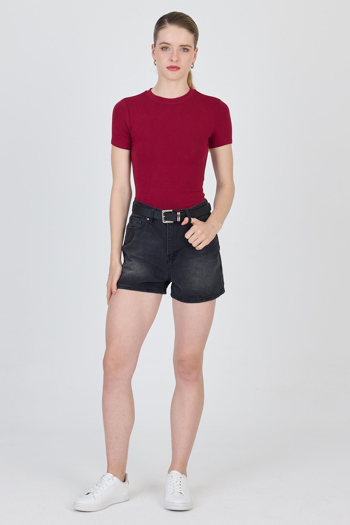 Bordo Bisiklet Yaka Viskoz/Yumuşak Kumaş Slim Fit Tişört 1468 - 2