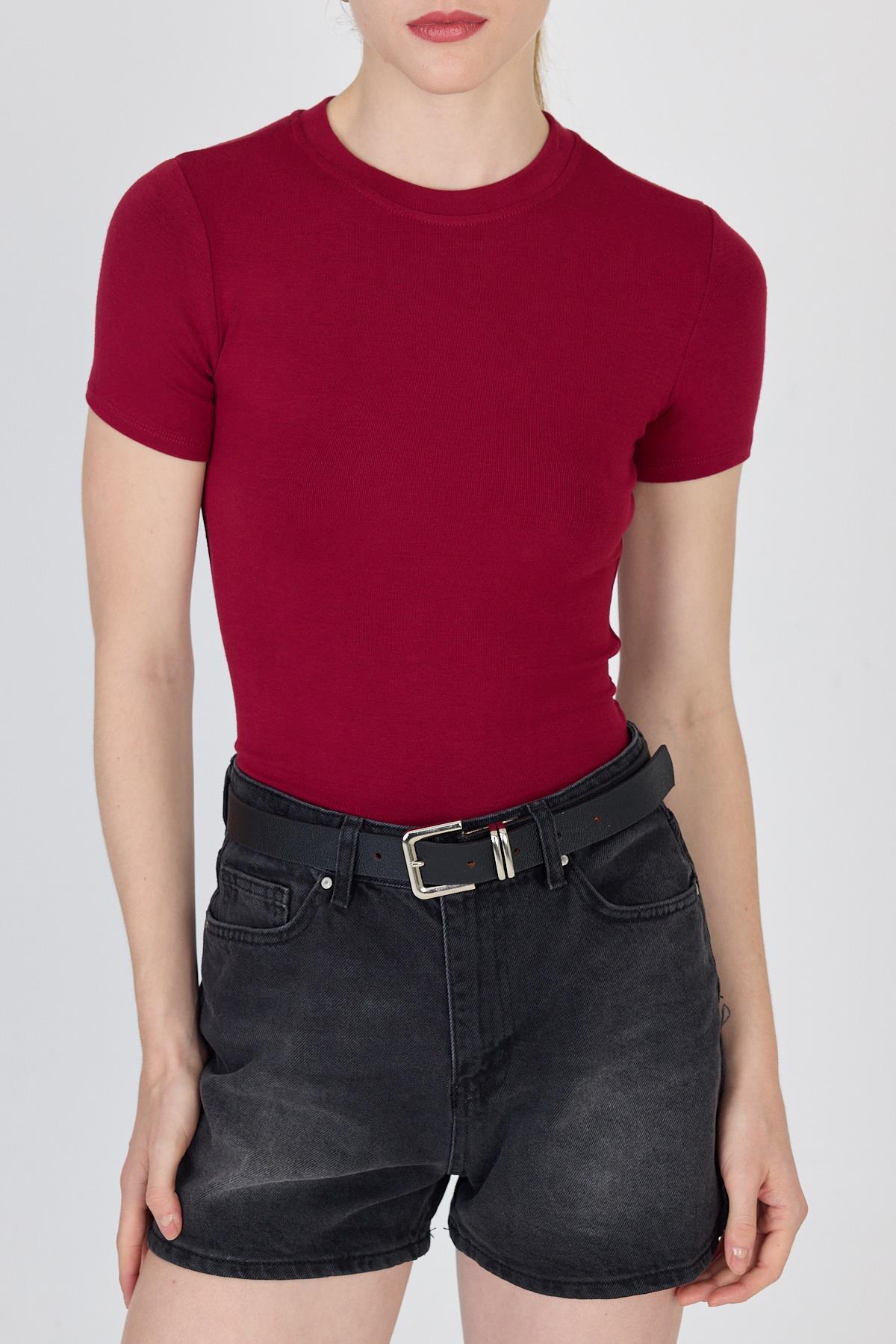 Bordo Bisiklet Yaka Viskoz/Yumuşak Kumaş Slim Fit Tişört 1468 - 4