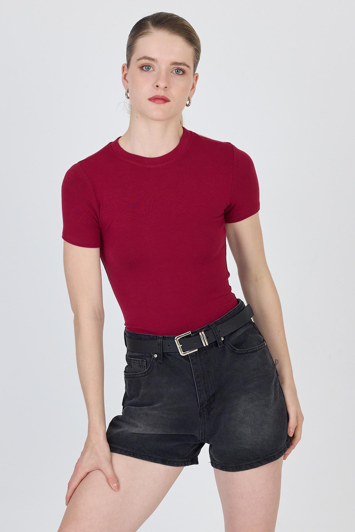 Bordo Bisiklet Yaka Viskoz/Yumuşak Kumaş Slim Fit Tişört 1468 - 6