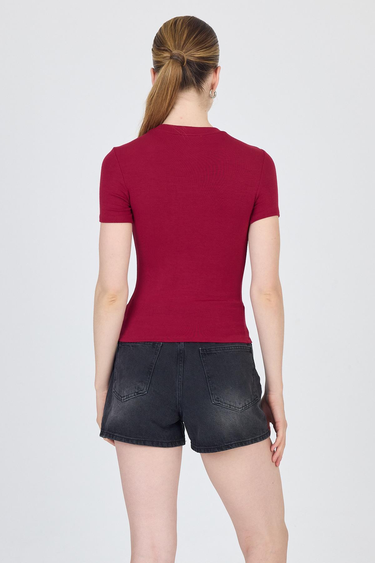 Bordo Bisiklet Yaka Viskoz/Yumuşak Kumaş Slim Fit Tişört 1468 - 5