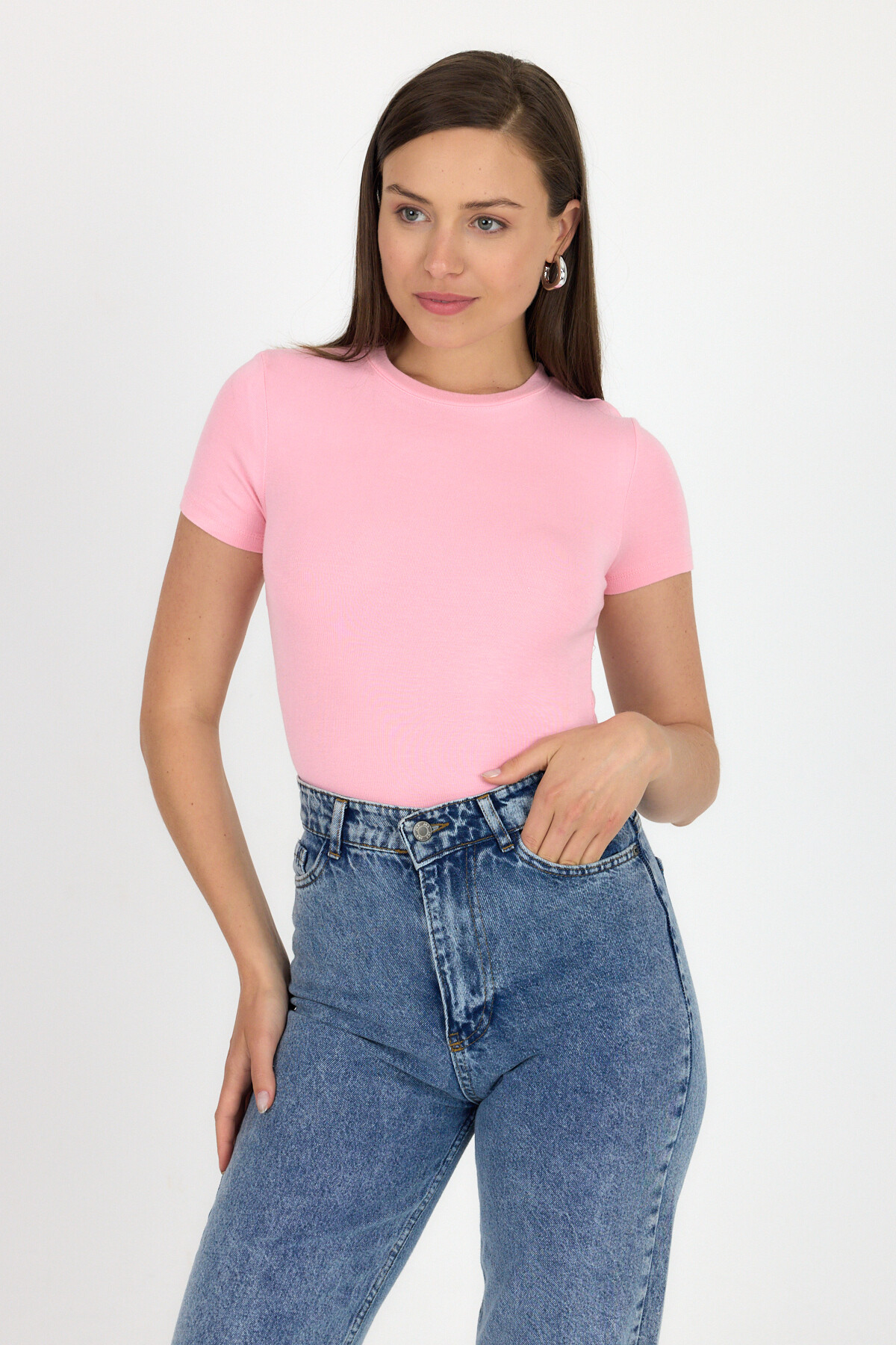 Pembe Viskoz/Yumuşak Kumaş Slim Fit Tişört 1468 