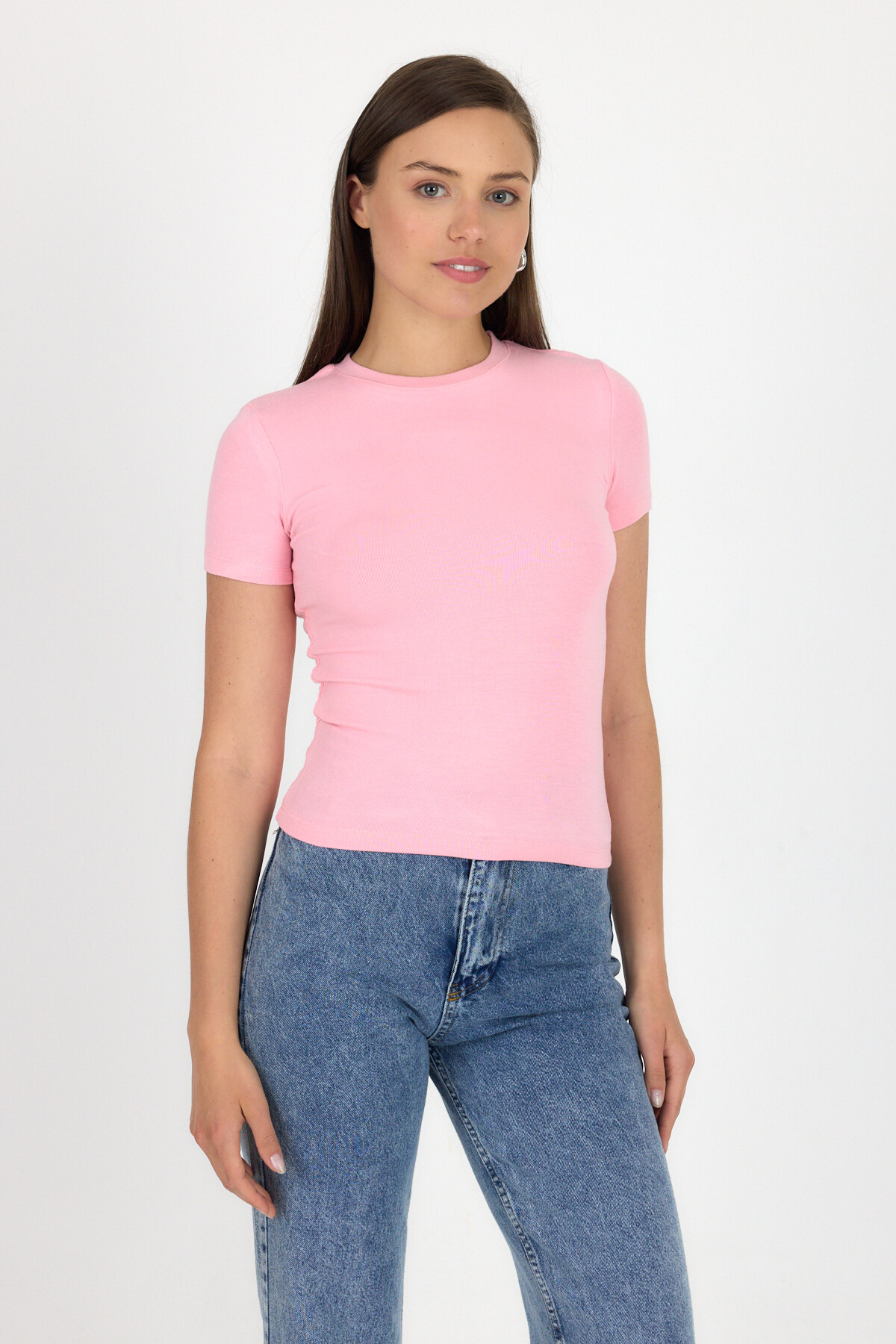 Pembe Viskoz/Yumuşak Kumaş Slim Fit Tişört 1468 - 2