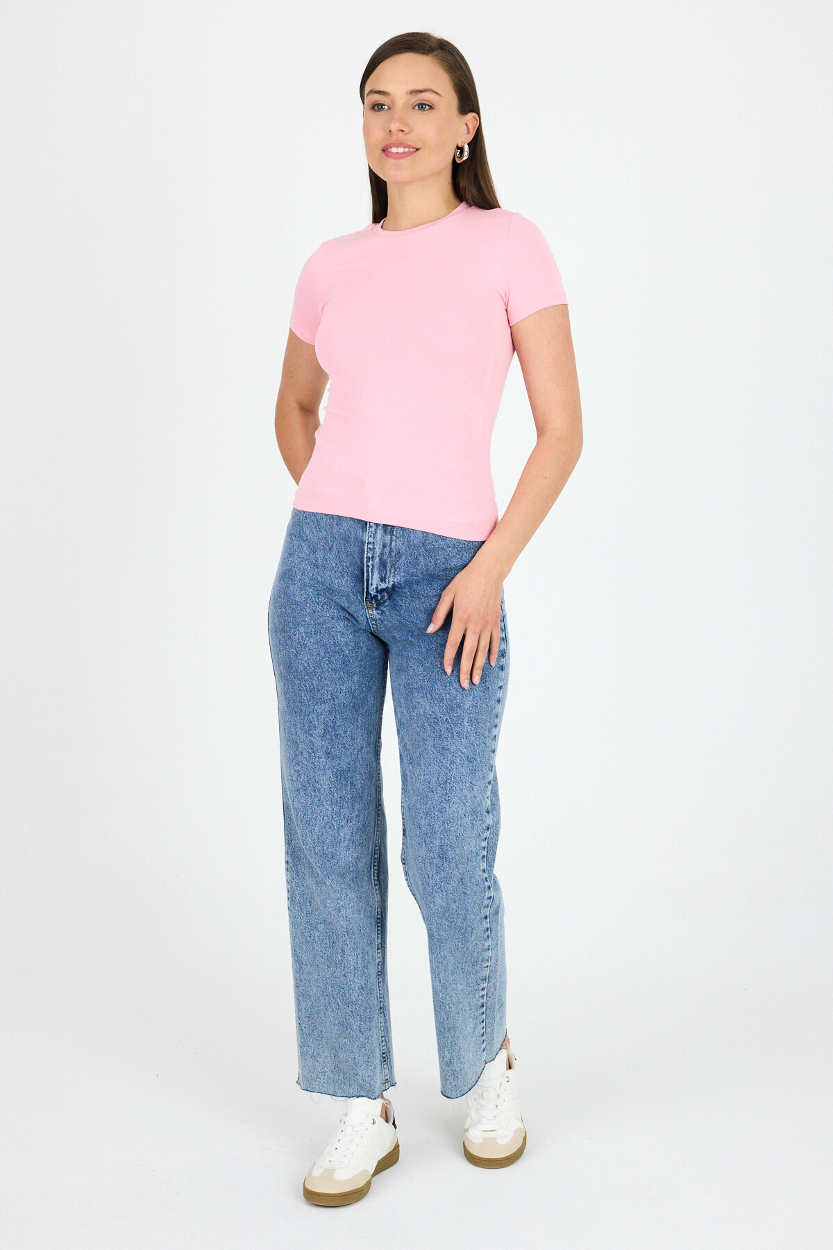 Pembe Viskoz/Yumuşak Kumaş Slim Fit Tişört 1468 - 3