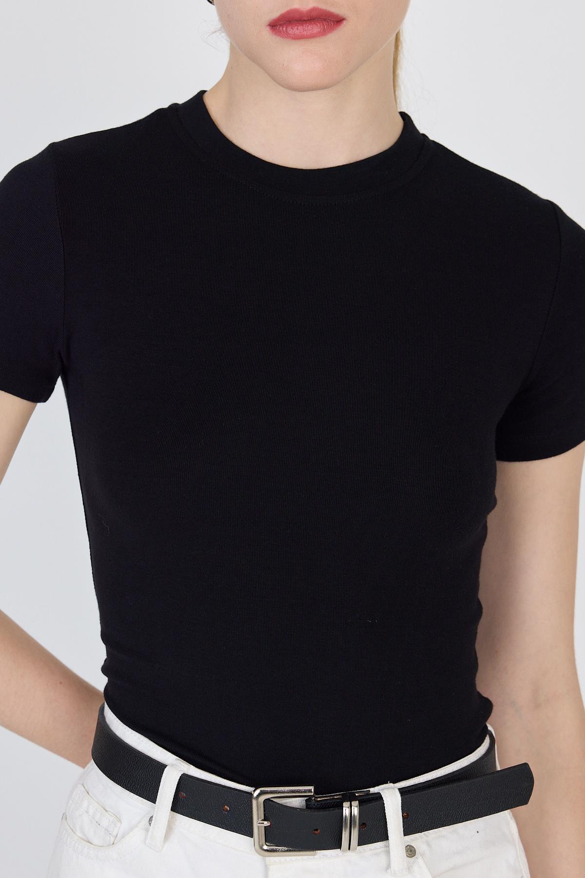 Siyah Bisiklet Yaka Viskoz/Yumuşak Kumaş Slim Fit Tişört 1468 - 4