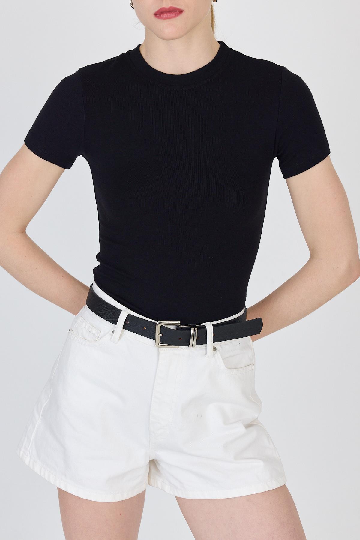 Siyah Bisiklet Yaka Viskoz/Yumuşak Kumaş Slim Fit Tişört 1468 - 3