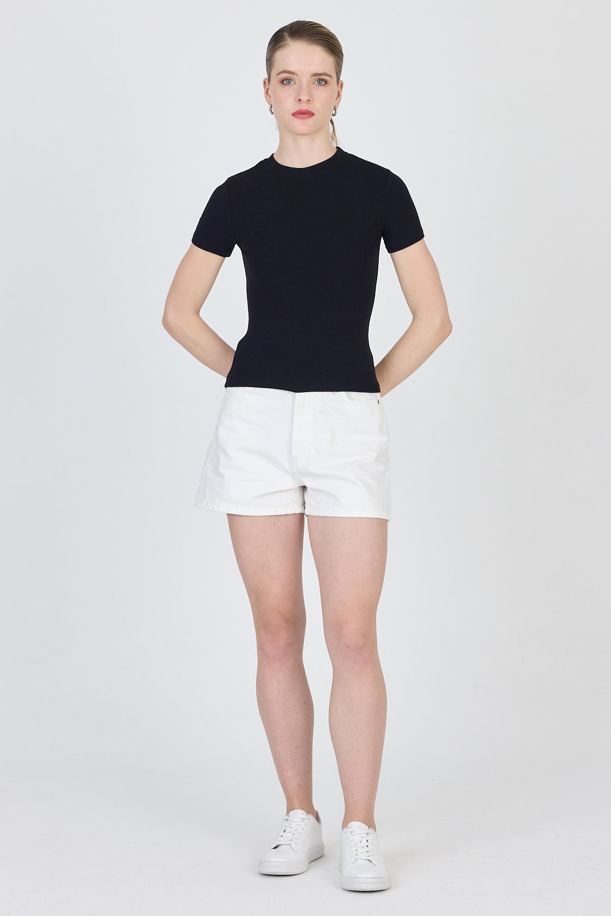 Siyah Bisiklet Yaka Viskoz/Yumuşak Kumaş Slim Fit Tişört 1468 - 2