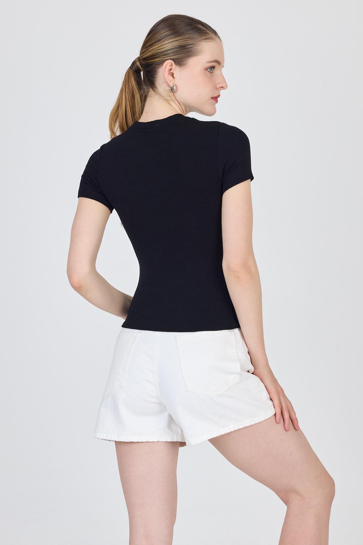 Siyah Bisiklet Yaka Viskoz/Yumuşak Kumaş Slim Fit Tişört 1468 - 5