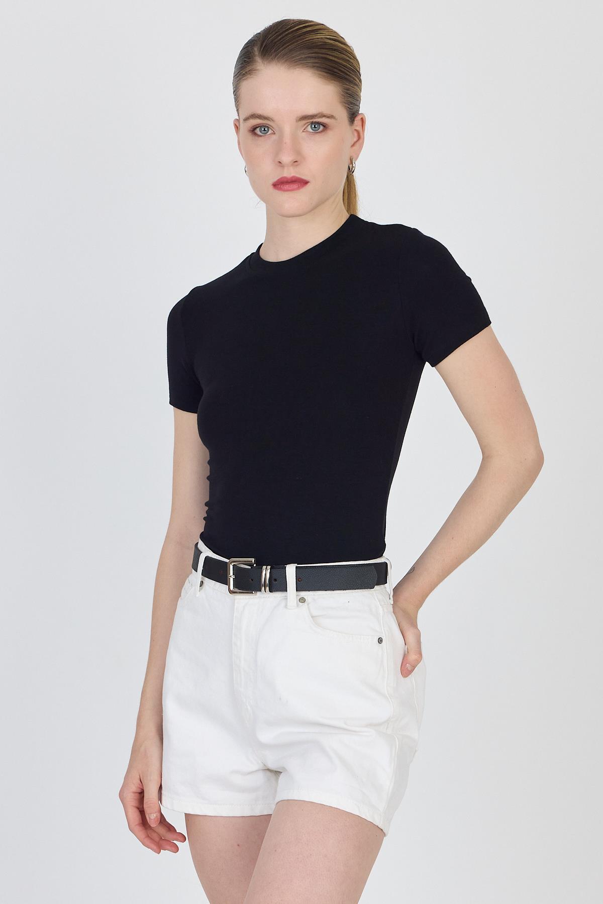 Siyah Bisiklet Yaka Viskoz/Yumuşak Kumaş Slim Fit Tişört 1468 - 7