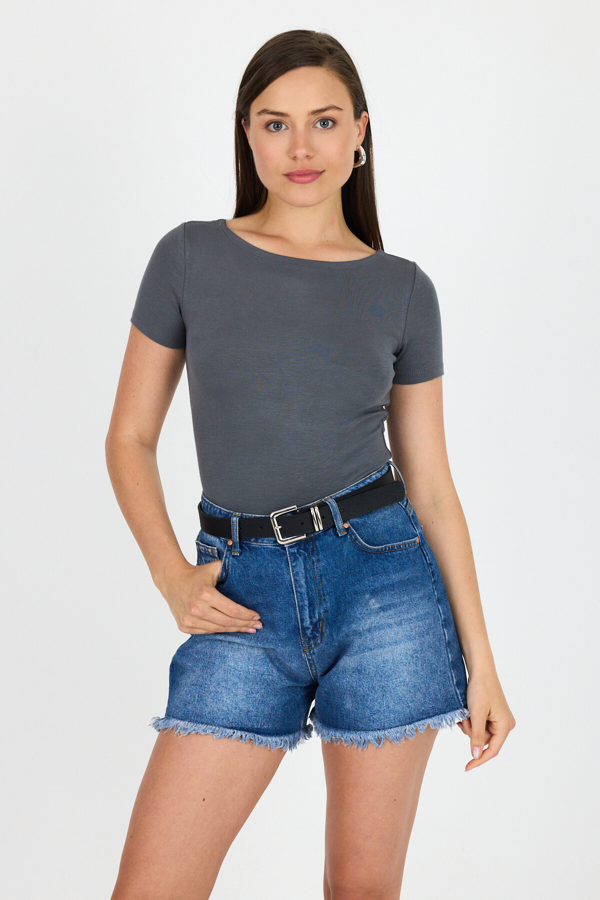 Antrasit Bisiklet Yaka Viskoz/Yumuşak Kumaş Tişört 1469 