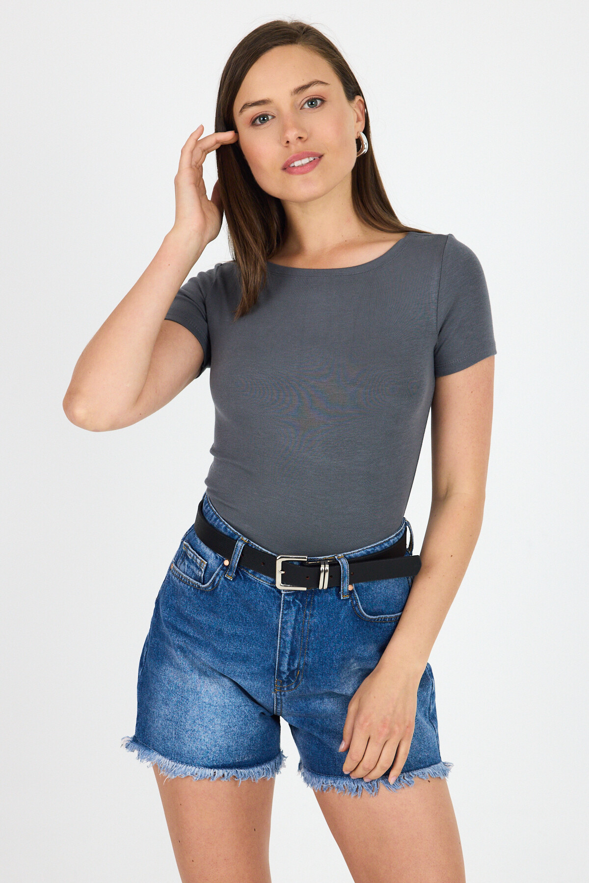 Antrasit Bisiklet Yaka Viskoz/Yumuşak Kumaş Tişört 1469 - 6