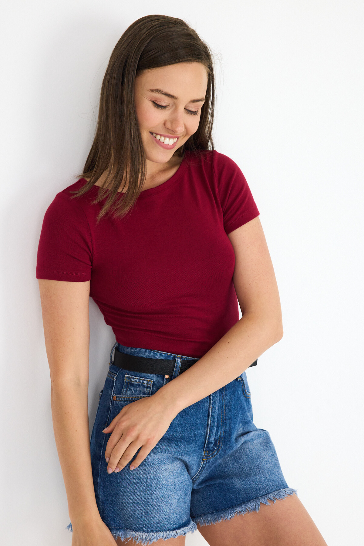 Bordo Bisiklet Yaka Viskoz/Yumuşak Kumaş Tişört 1469 - RAYS