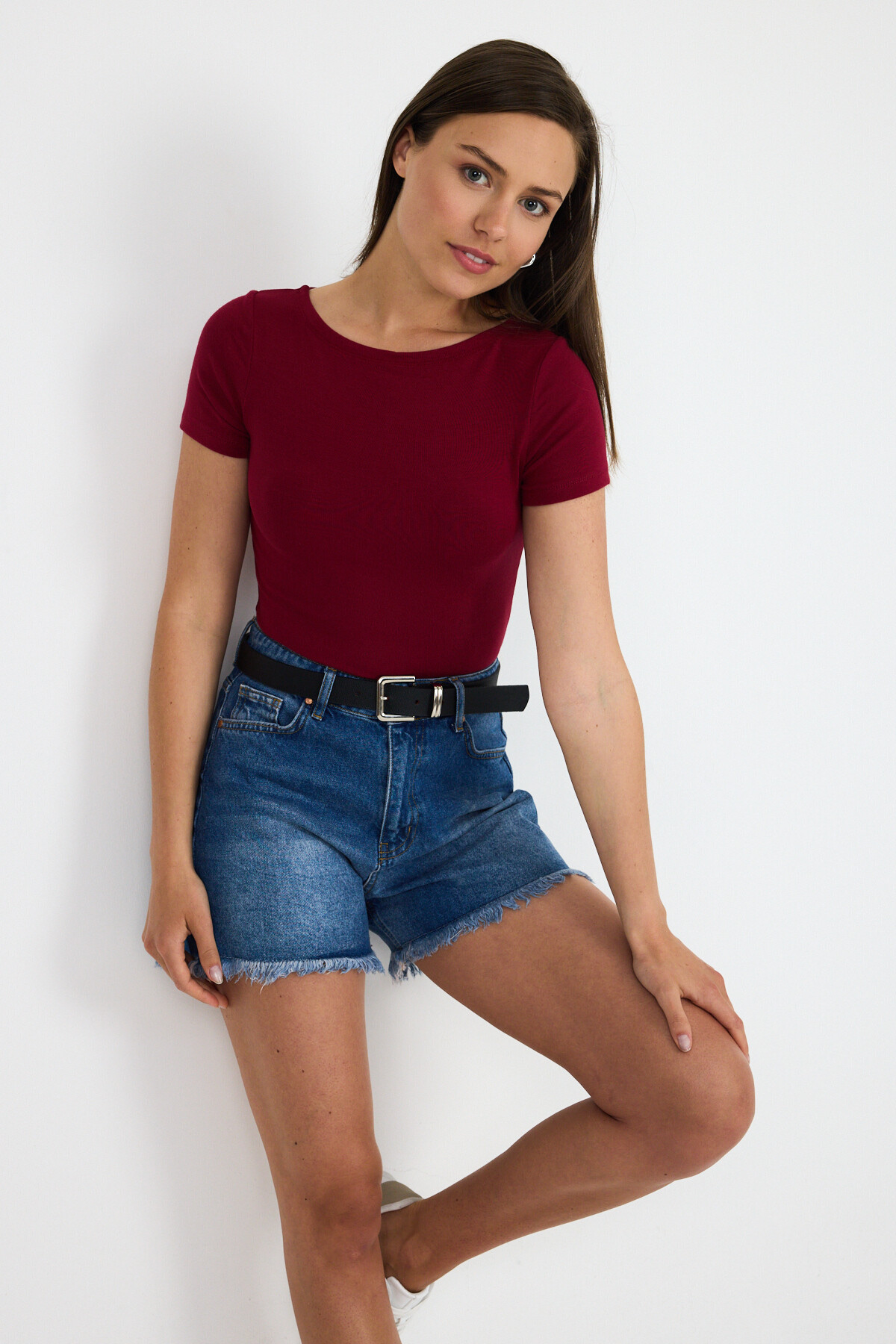 Bordo Bisiklet Yaka Viskoz/Yumuşak Kumaş Tişört 1469 