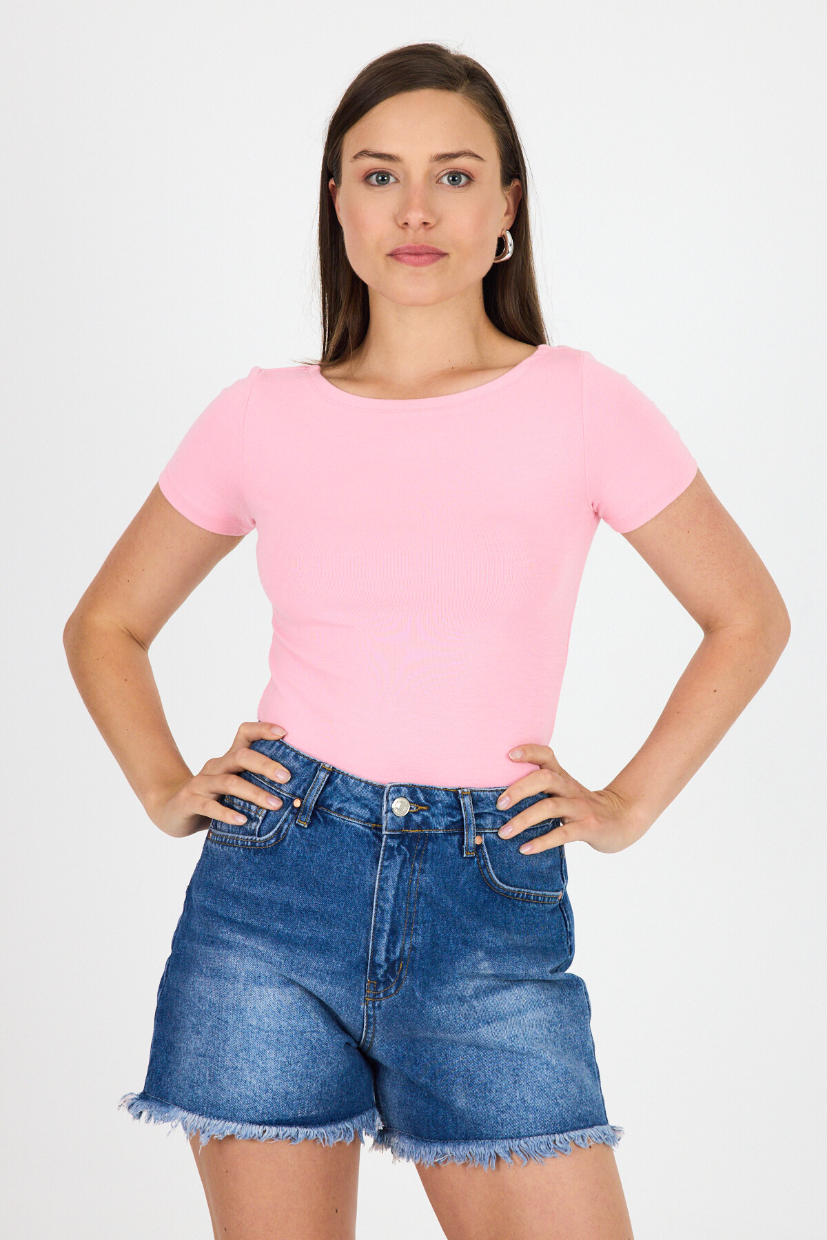 Pembe Bisiklet Yaka Viskoz/Yumuşak Kumaş Tişört 1469 