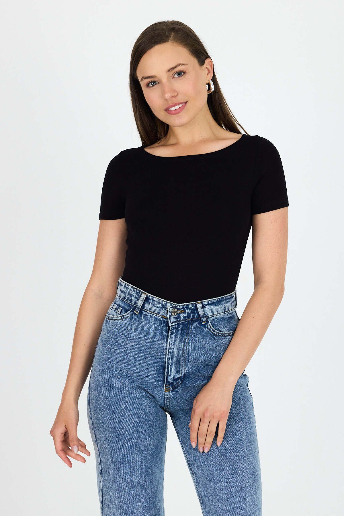 Siyah Bisiklet Yaka Viskoz/Yumuşak Kumaş Tişört 1469 - 8