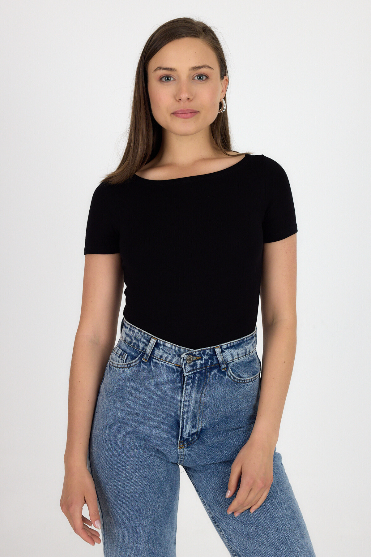 Siyah Bisiklet Yaka Viskoz/Yumuşak Kumaş Tişört 1469 