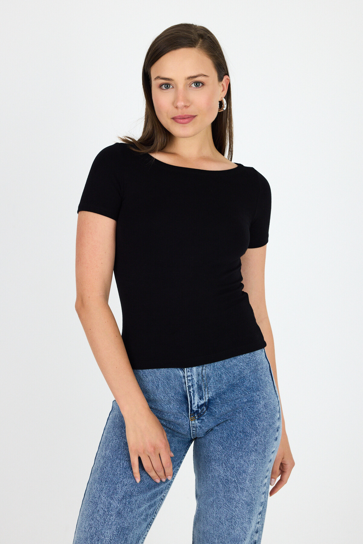 Siyah Bisiklet Yaka Viskoz/Yumuşak Kumaş Tişört 1469 - 2