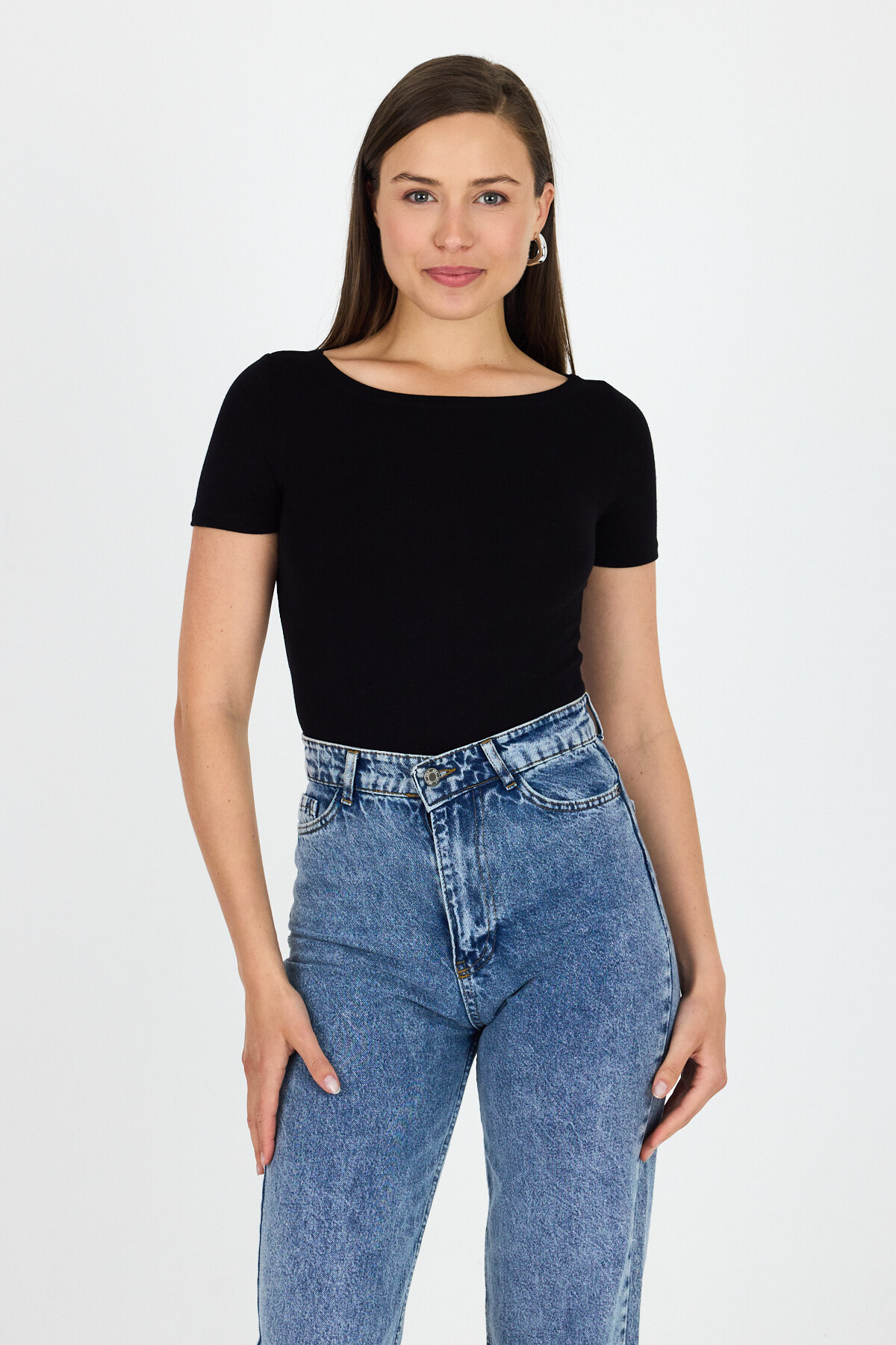 Siyah Bisiklet Yaka Viskoz/Yumuşak Kumaş Tişört 1469 - 7